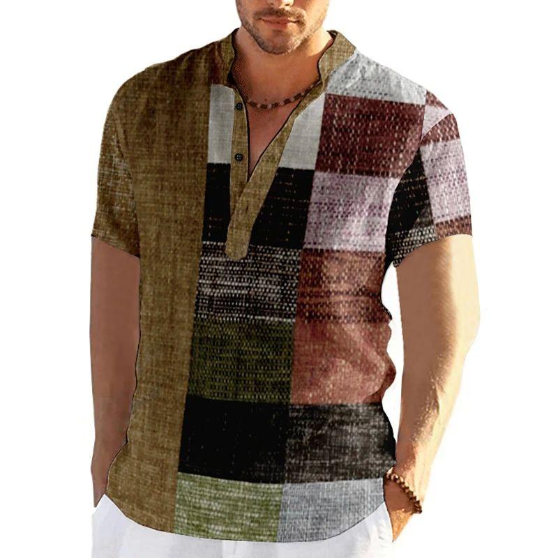 Vintage Men'S 3D Faion Patchwork Printed Irt Oversized Autumn Collar Fce Lined Thiened Nine-Quarter Sve