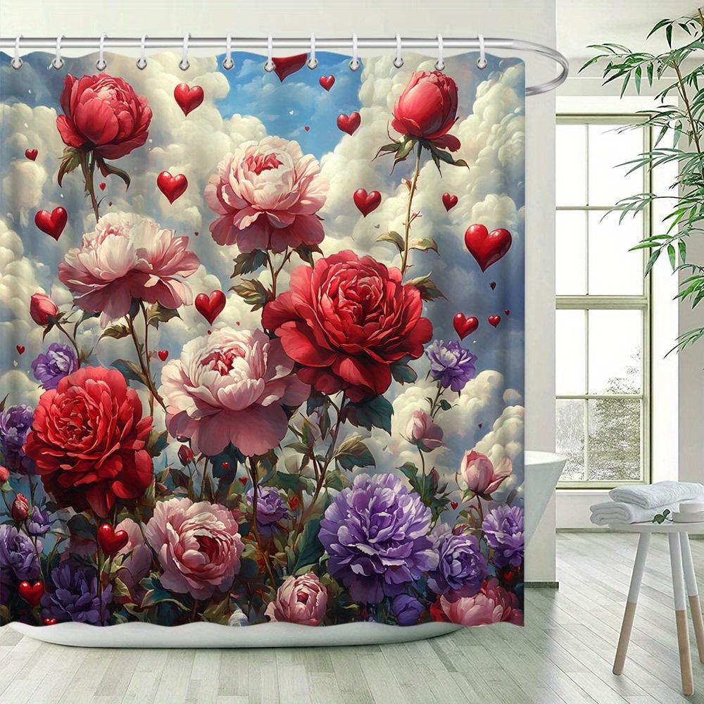 Romantic Rose Garden Shower Curtain -Waterproof, Mildew-Resistant With Vibrant Flowers And Hearts For A Lush And Dreamy Bathroom