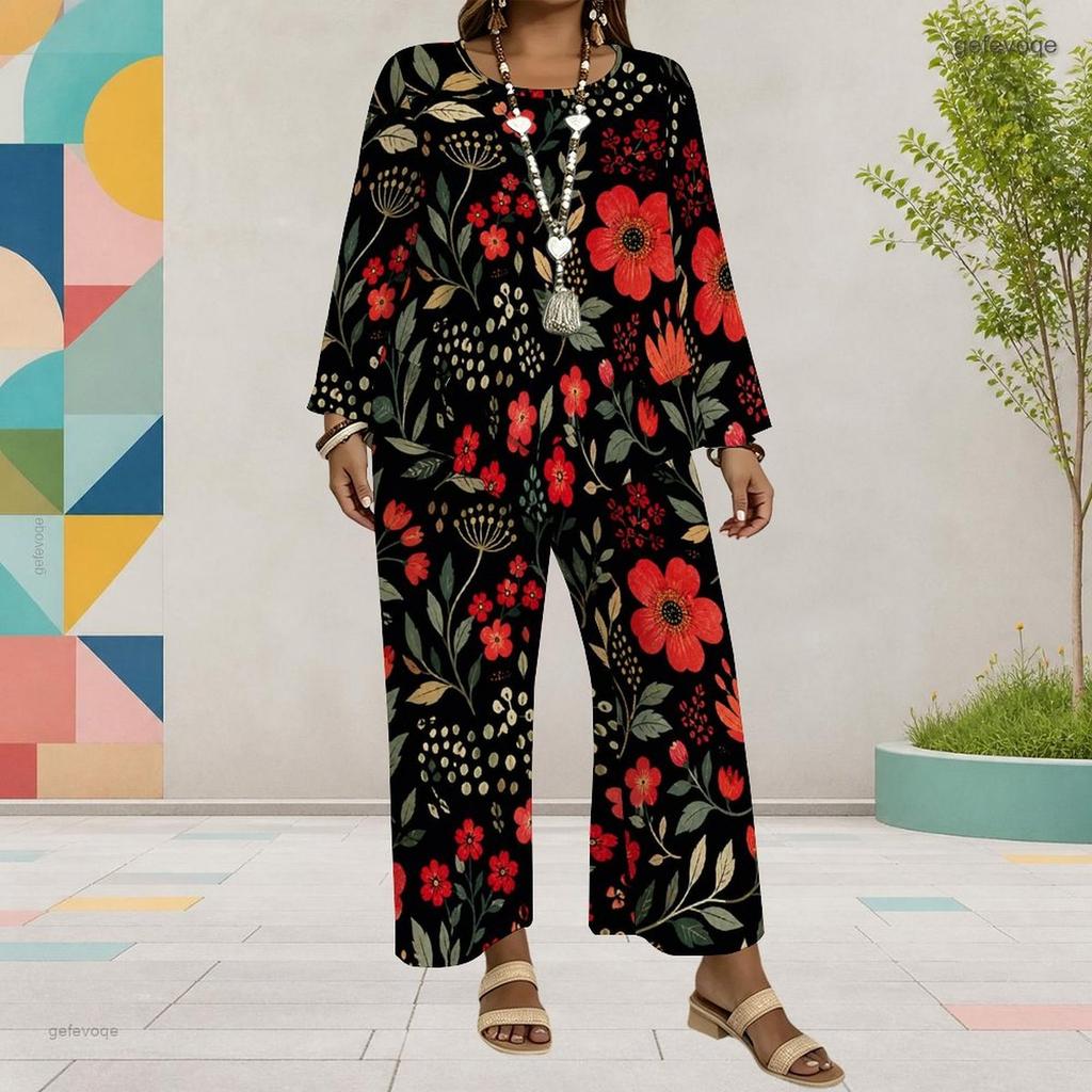 Women Plus Size Floral Printed Round Neck Long Sleeve Layered Top Wide Leg Pants Two Piece Set