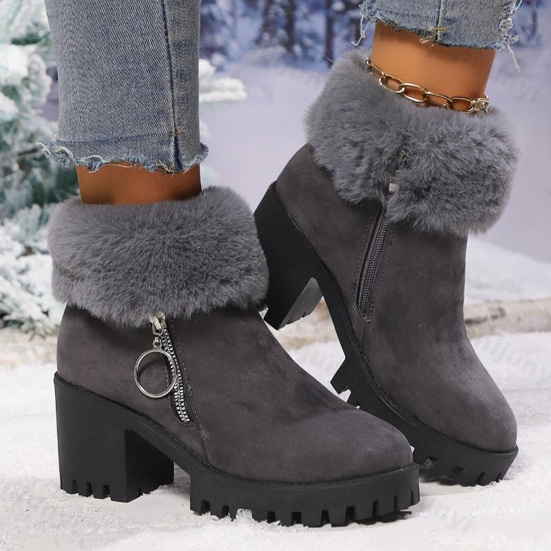 Large Size Women's Boots Winter Fashion Side Zipper Tumed-over Edge Cotton Shoes Outdoor Non Slip Comfortable Medium Heel Shoes