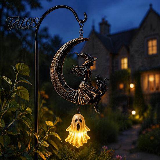 Metall-Rasen-Skulpturen Solarbetrieben Hängende Hexe am Mondlaternen-Anhänger, Rostfreier Außen-Anhänger Lustige Hinterhof-Garten-Dekorationen Licht, Dekorativ Skurril