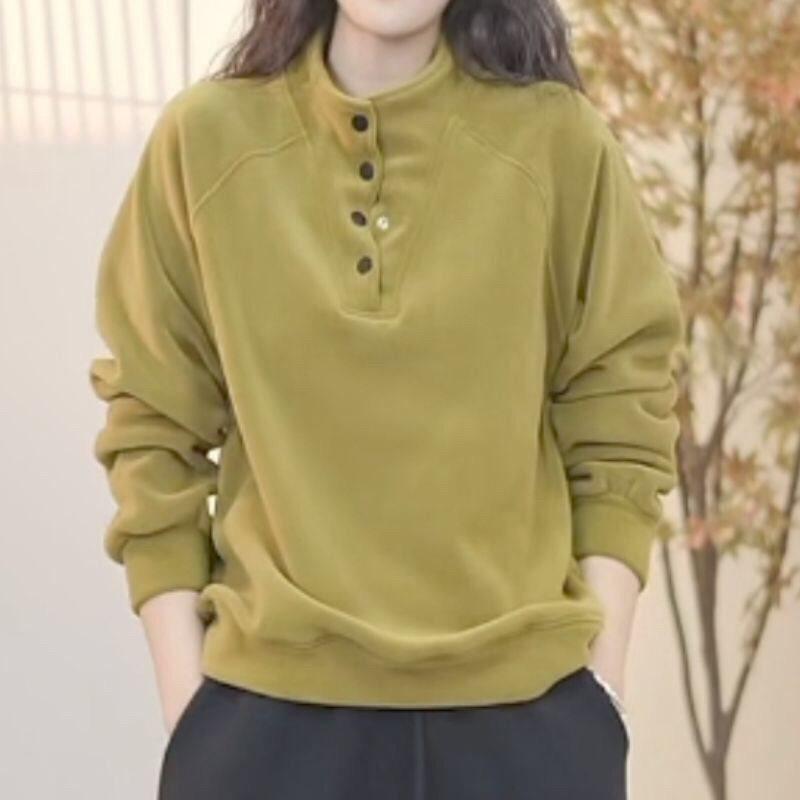 Double-Sided Fleece Autumn/Winter Warm Half-High Collar Sweatshirt: Casual, Versatile, Slimming, Loose, Plus-Size Solid Color Top.