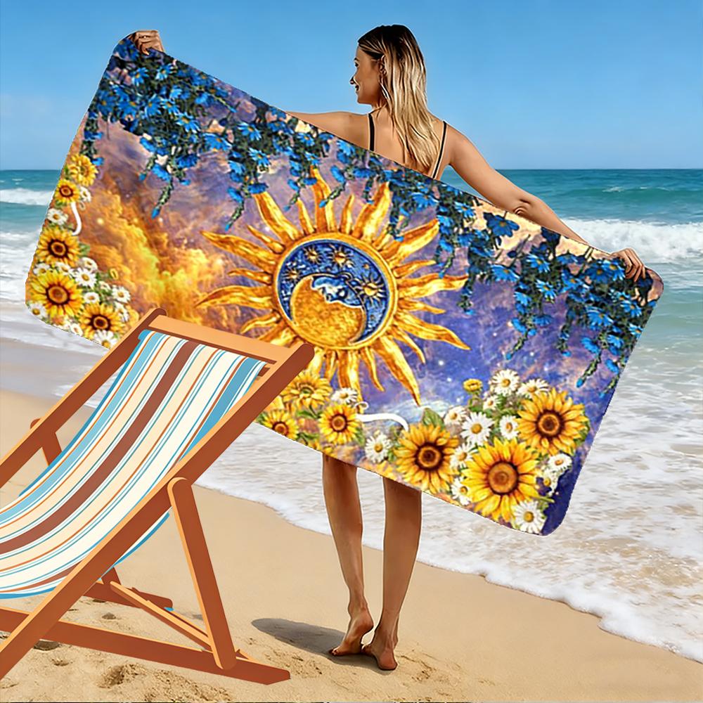 Sun and Moon with Floral Design Beach Towel Quick-drying for Travel Outdoor Sports Jogging Beach and Swimming