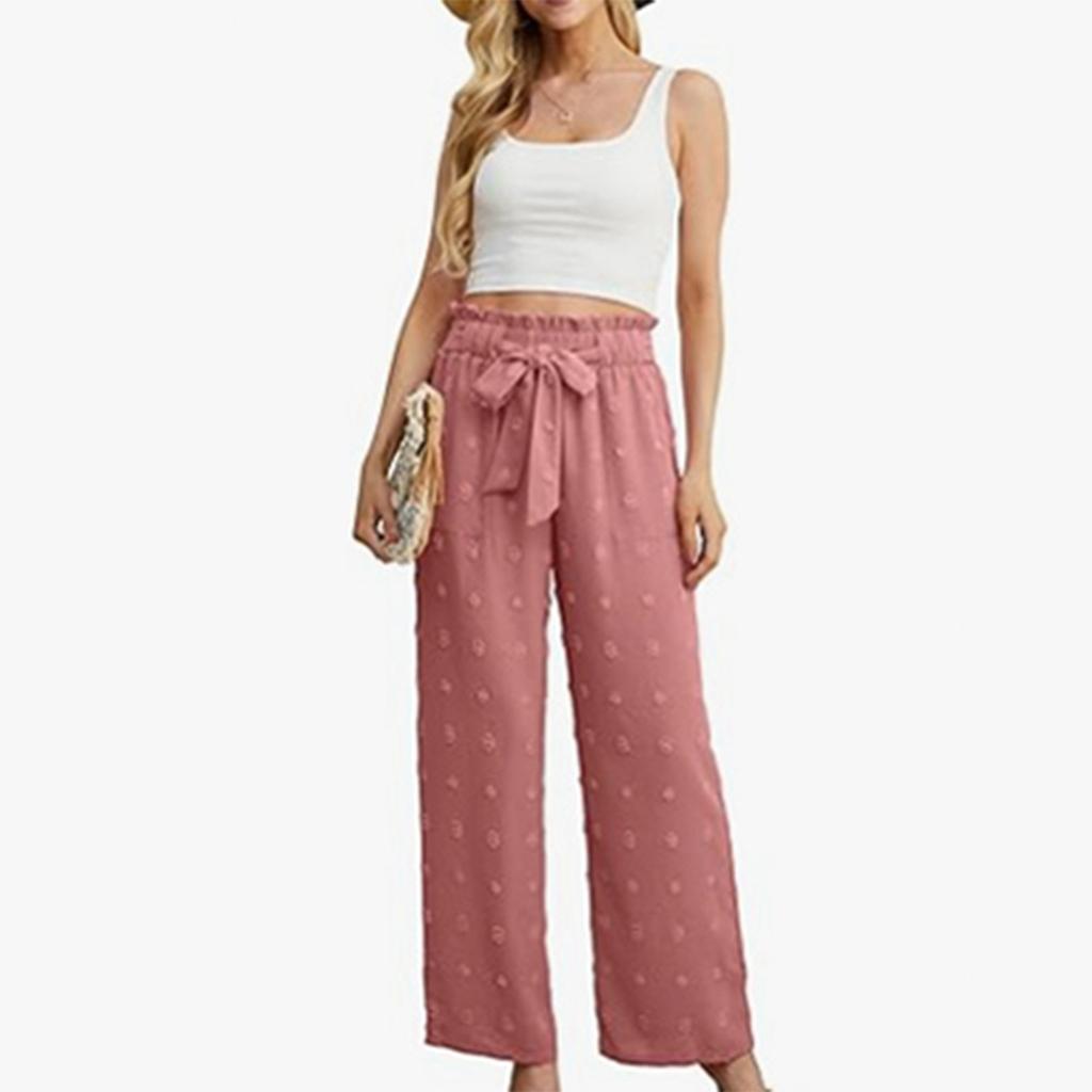 Women's High Waisted Adjustable Waistband Wide Leg Pants Casual Pants