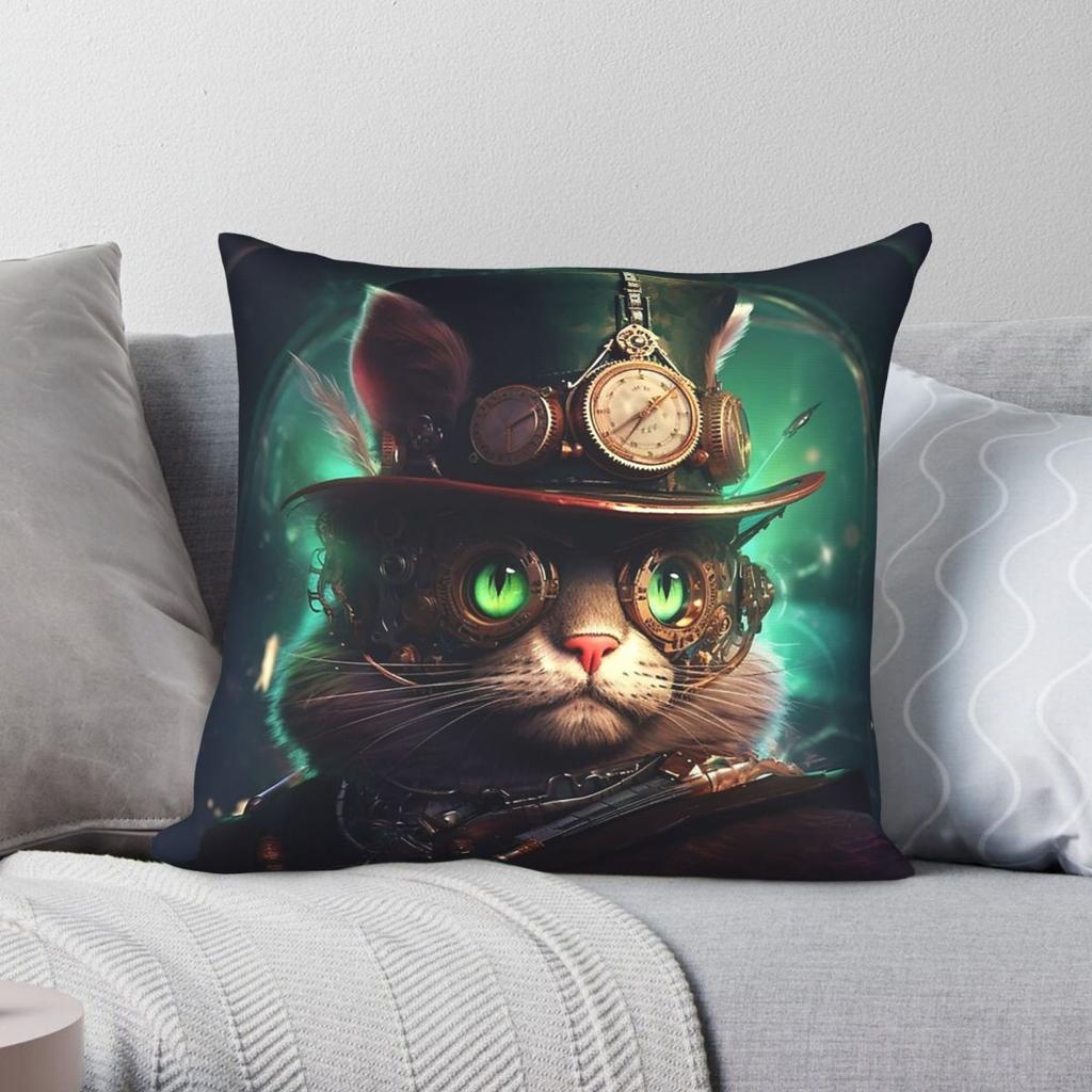 Steampunk Katze Ernsthafte Brille Kissenbezug Polyester Leinen Samt Muster Reißverschluss Dekorative Sofakissenhülle