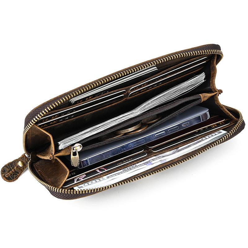 Men'S Crazy Horse Leather Wallet Retro Embossed Fashion Long Wallet Leather Zipper Clutch Multi-Card Mobile Phone Money