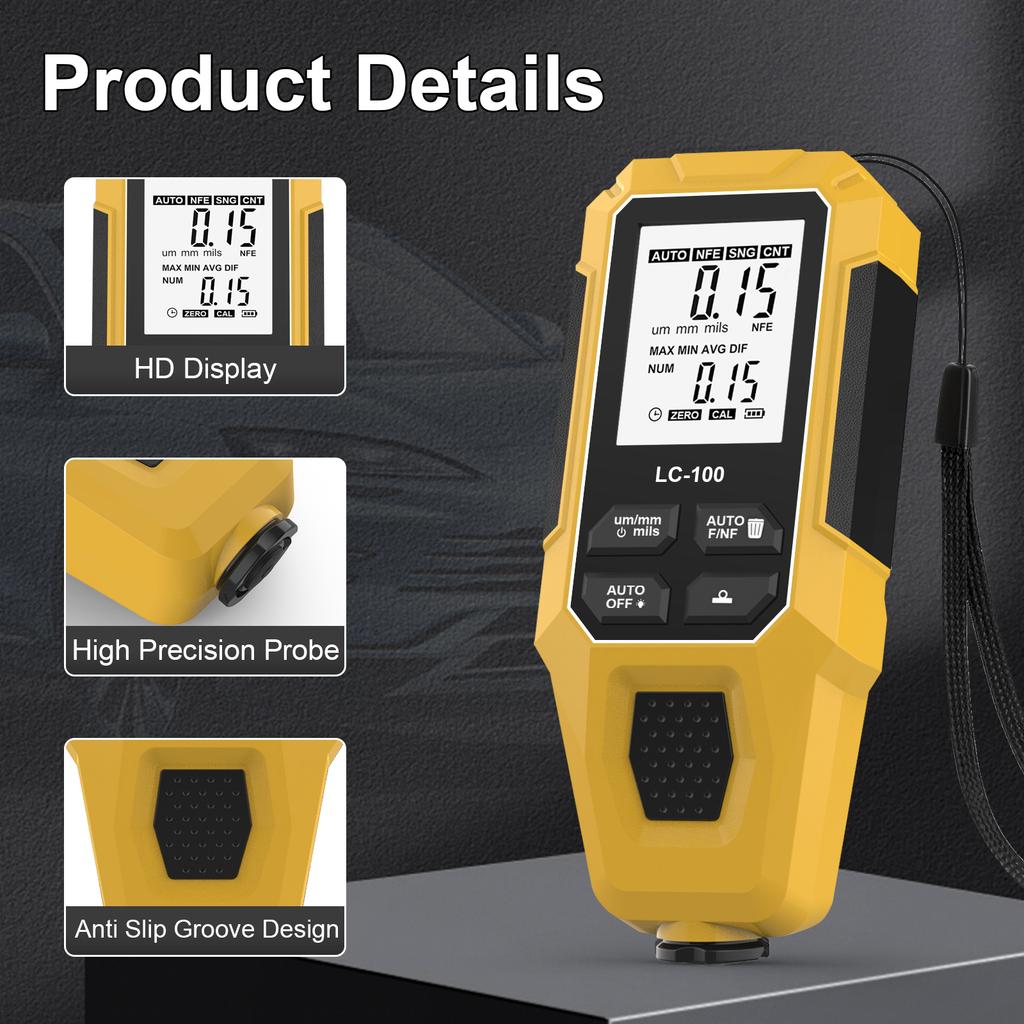 Paint Thickness Gauge Fe/NFe 0-2000um Measuring Range Car Coating Thickness Meter for Used Automotive Buyers and Detailers