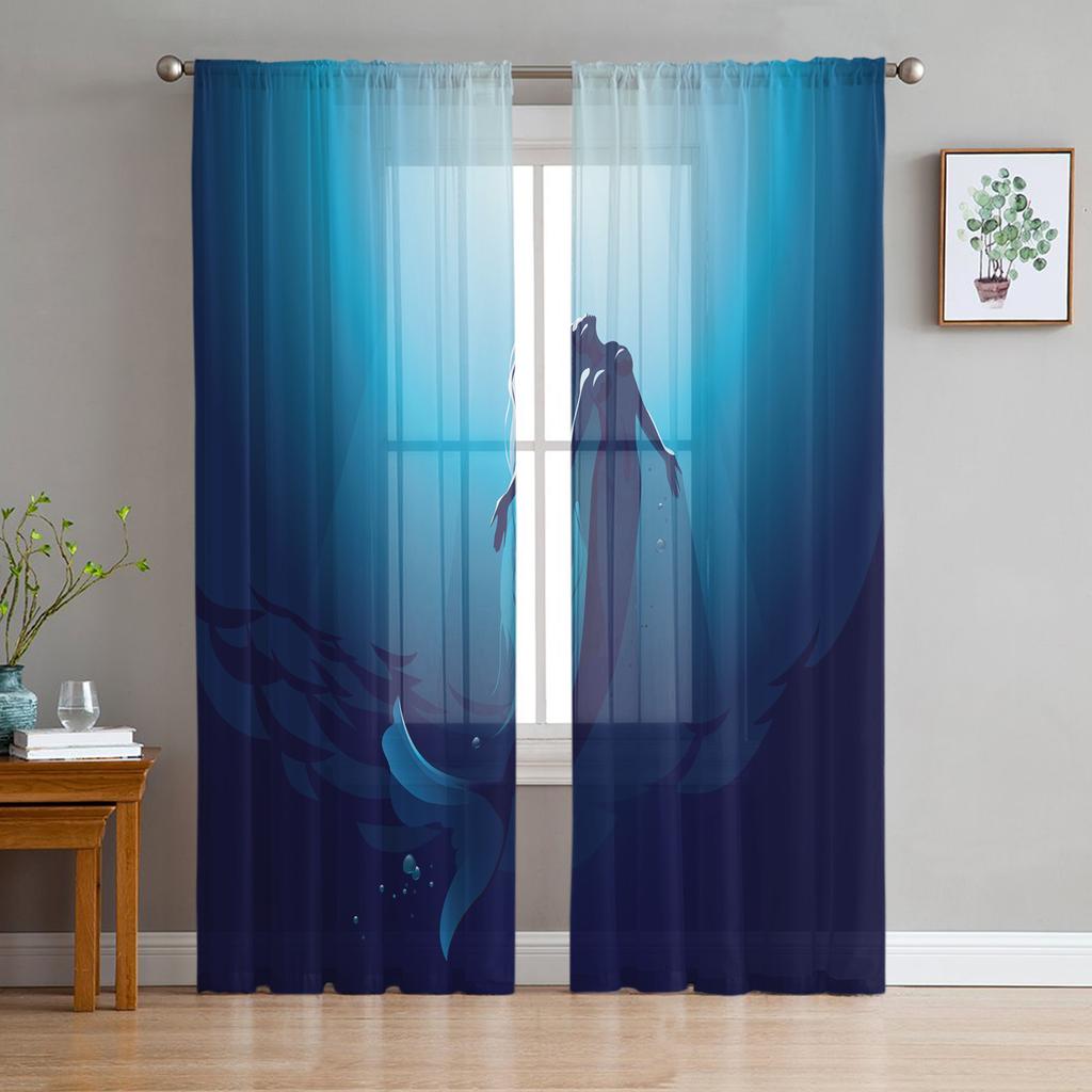 Mermaid Scales Ocean Rainbow Chiffon Sheer Curtains for Living Room Bedroom Home Decoration Window Voiles Tulle Curtain