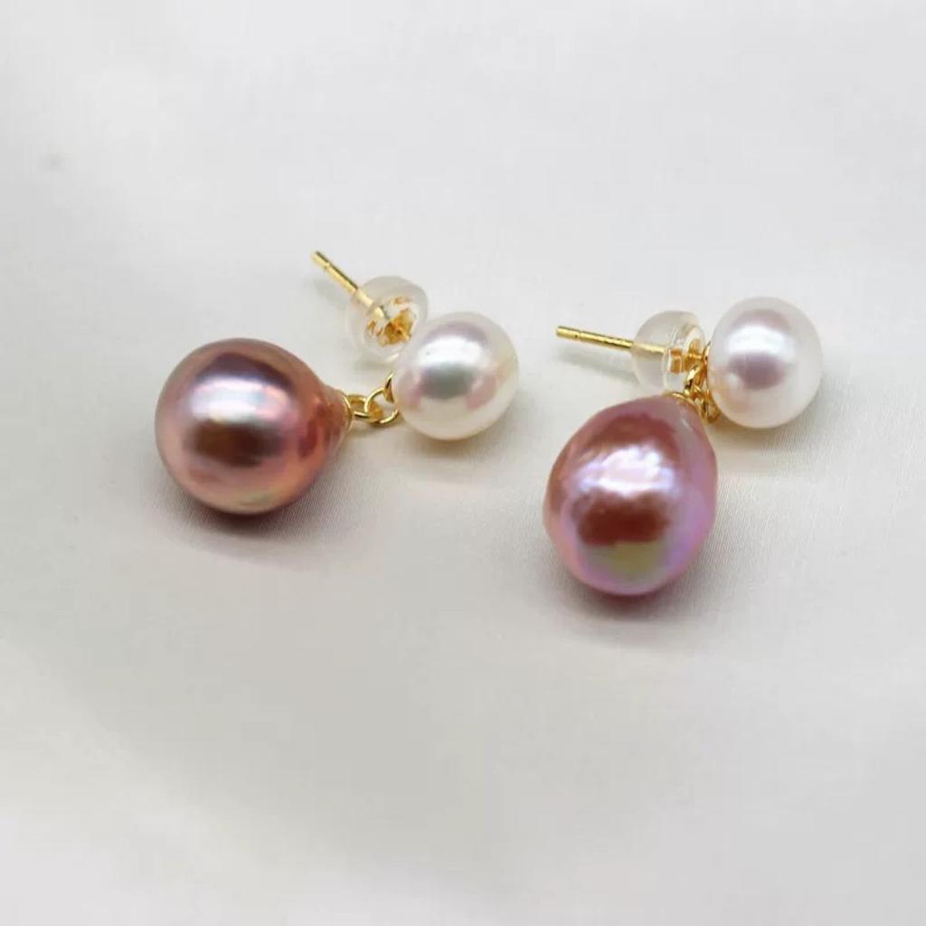 Classic Double Bead Baroque Stud Earrings Purple Special-shaped Pearl Ins Retro Texture Water Drop Pearl Earrings Extravagant
