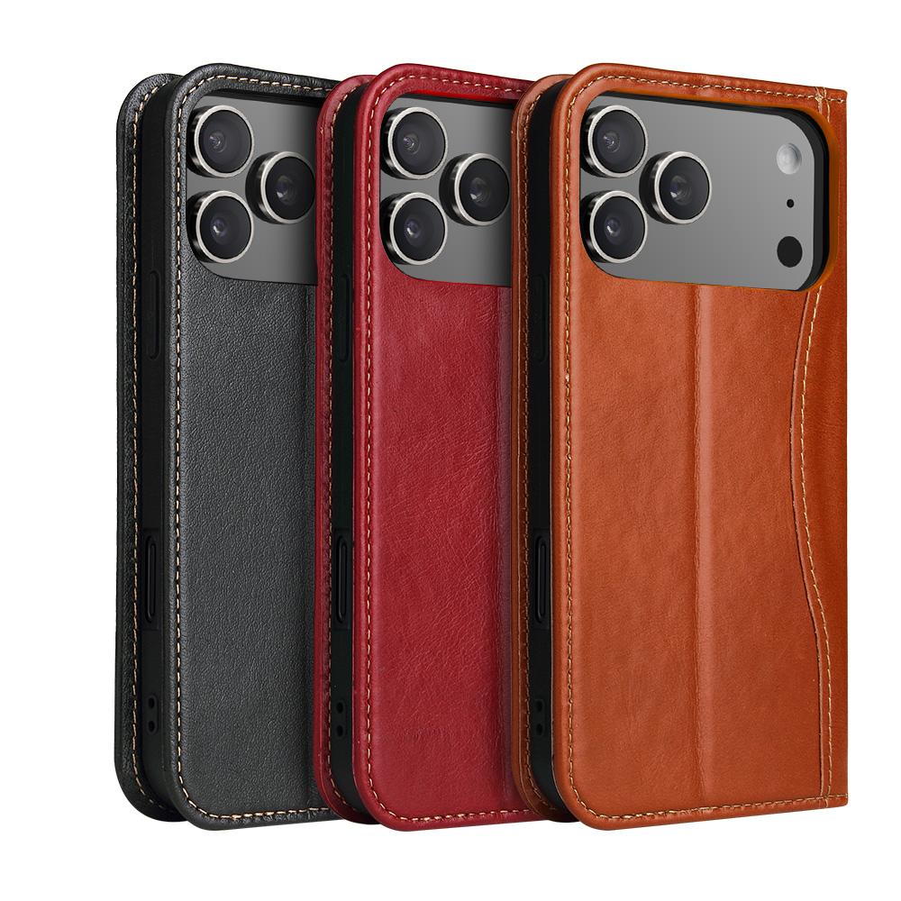 Premium Leather Flip Cover Mobile Phone Case for Apple IPhone 17 Pro Max Air IPhone17 Full Grain Natural Cowhide Card Pocket