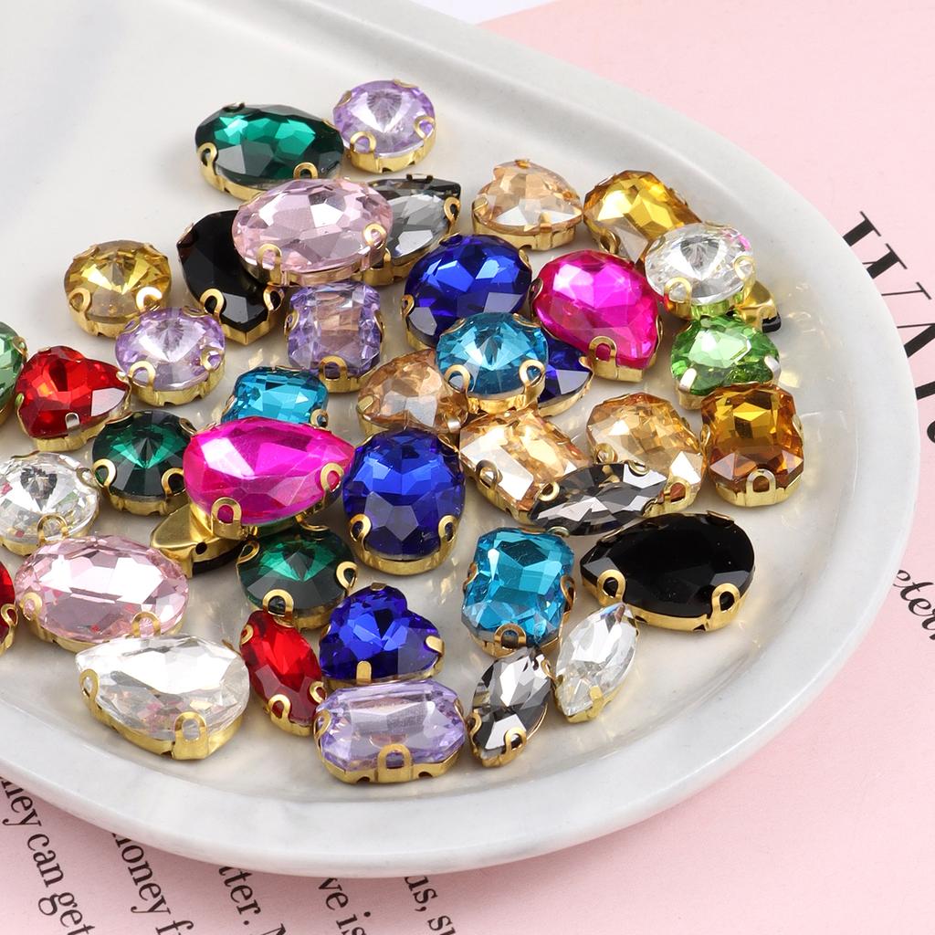 Mixed size glass rhinestone with claw cut diamond on stone bar, K gold base metal crystal, used for embroidery 50 pieces/pack