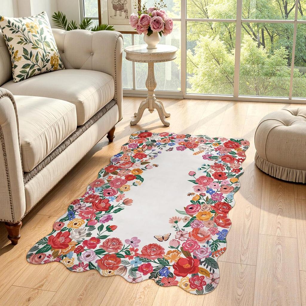 Floral Camellia Round Rug – Soft Washable Non-Slip Carpet for Bedroom, Living Room  Nursery Decor