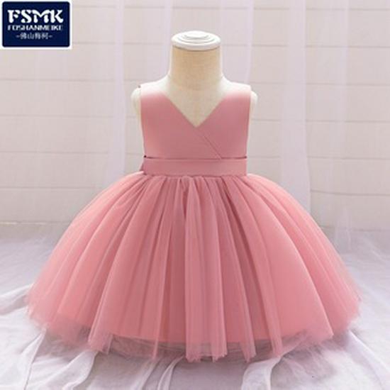 Girls' One-Year-Old Princess Gown with Puffy Skirt and Satin Bow