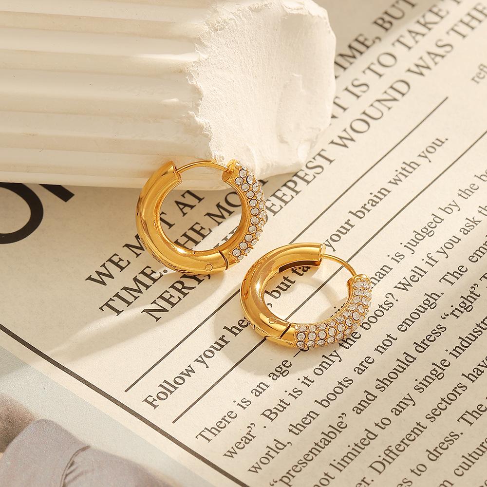 Ying Tai 18K Gold-Plated Stainless Steel Hoop Earrings with Diamonds - European & American Style