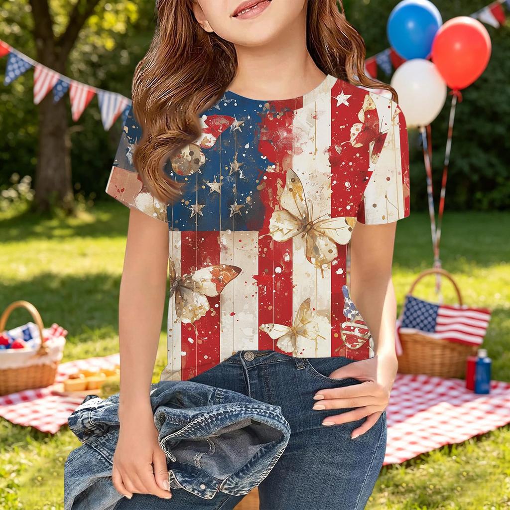 Girls Short Sleeve T Shirt Independence Day Printed Tee Top Casual Comfortable Fit Kids Summer Shirt