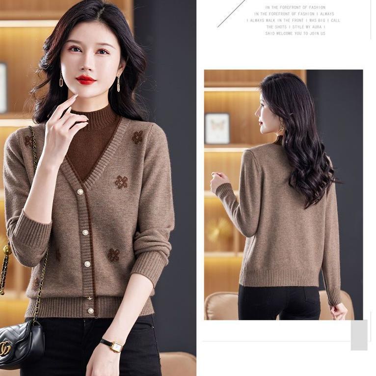 Women's Semi-turtleneck Sweater Autumn Winter Thickened Printed Color-block Knit Sweater Loose Jacquard Pullover Knit Top Outwear