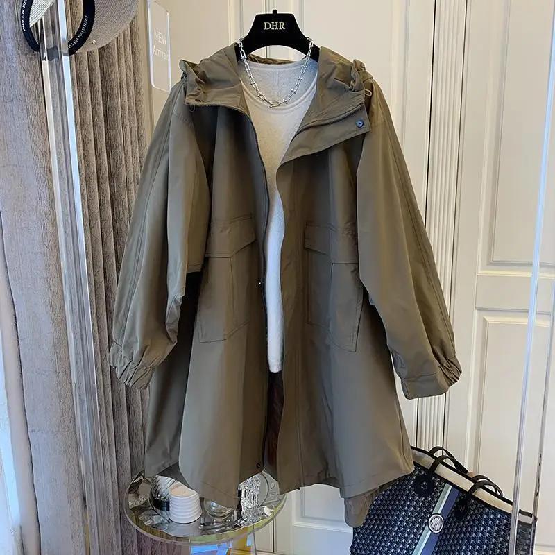 Versatile Loose-fit Casual Women's Trench Jacket Hooded Medium-length Spring Autumn Fashion Outerwear