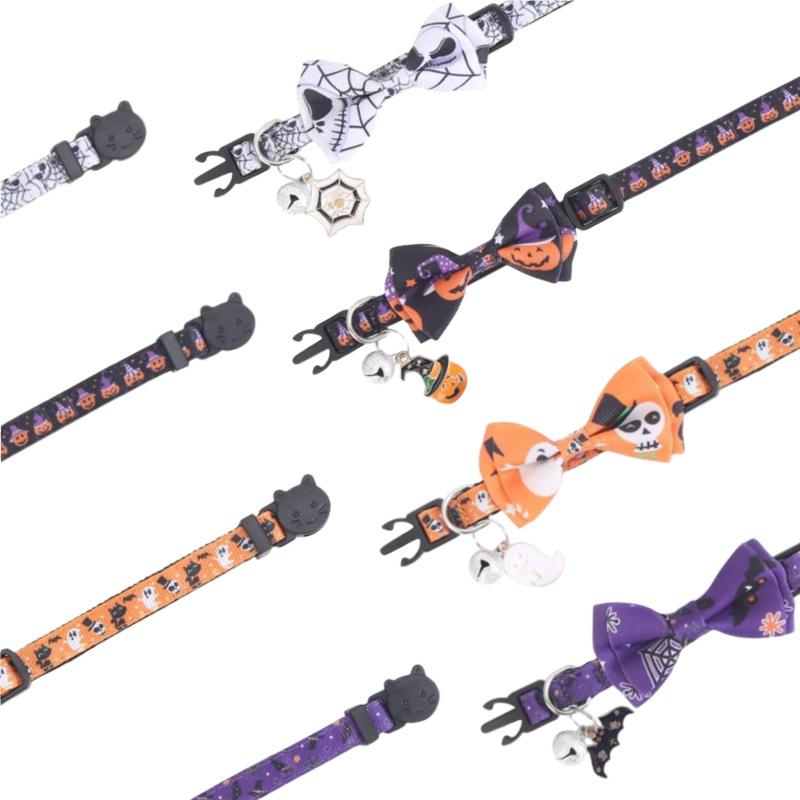 Halloween Cat Collar Breakaway with Cute Bow Tie and Bell for Kitty Adjustable Safety Spider Ghost Bat Pumpkin Cat/Dog Collar