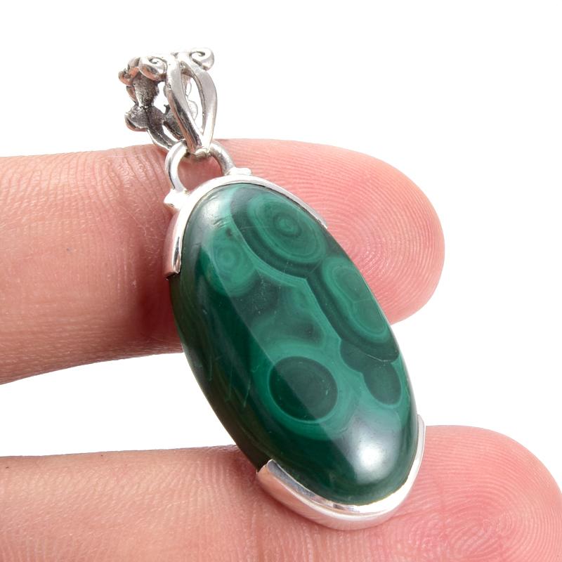 Natural Malachite Gemstone 925 Solid Sterling Silver Jewelry Pendant 1.5'' i9L51