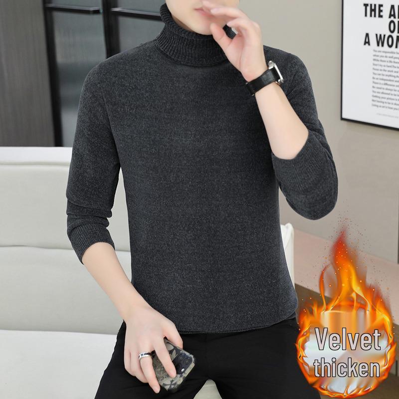 Men s Winter Velvet Knit Sweater: Solid Color High-Neck Pullover Medium