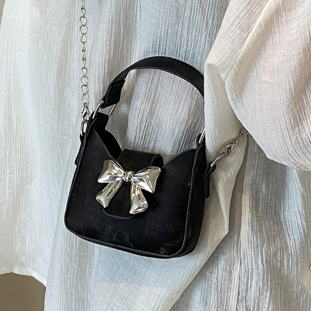 

Handbag Silver Bucket Bag Pu Leather Women s Shoulder Bag Simple Bow Buckle PU Bag Children s чёрный