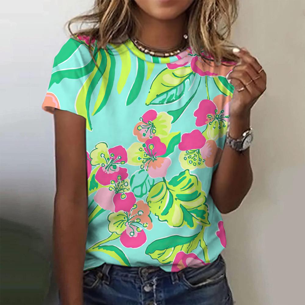 Round Neck 3D Tropical Floral Printed Casual Short Sleeved Women's T-shirts - Soft Medium Stretch Polyester Fabric Summer Relaxed Fit Clothing