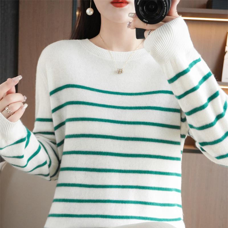 Herbstlicher gestreifter Strickpullover für Damen in großer Größe mit Rundhalsausschnitt, lockeres, lässiges Langarm-Unterhemd