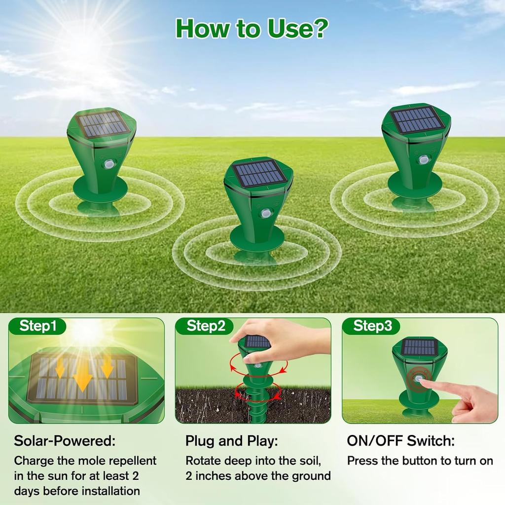 Outdoor Ultrasonic Mouse Repellent, 2024 Solar Mouse Repellent, Waterproof Sonic Mouse Repellent, Gopher Repellent for Garden and Lawn (2 Pcs)