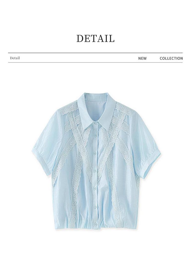 Elegant French Fine Spun Lace Puff Sleeve Cotton Blouse - Women's Summer Top