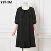 VONDA Women's Puff 3/4 Sleeve Sleeve Bow Knot Solid Color Loose Midi Dress