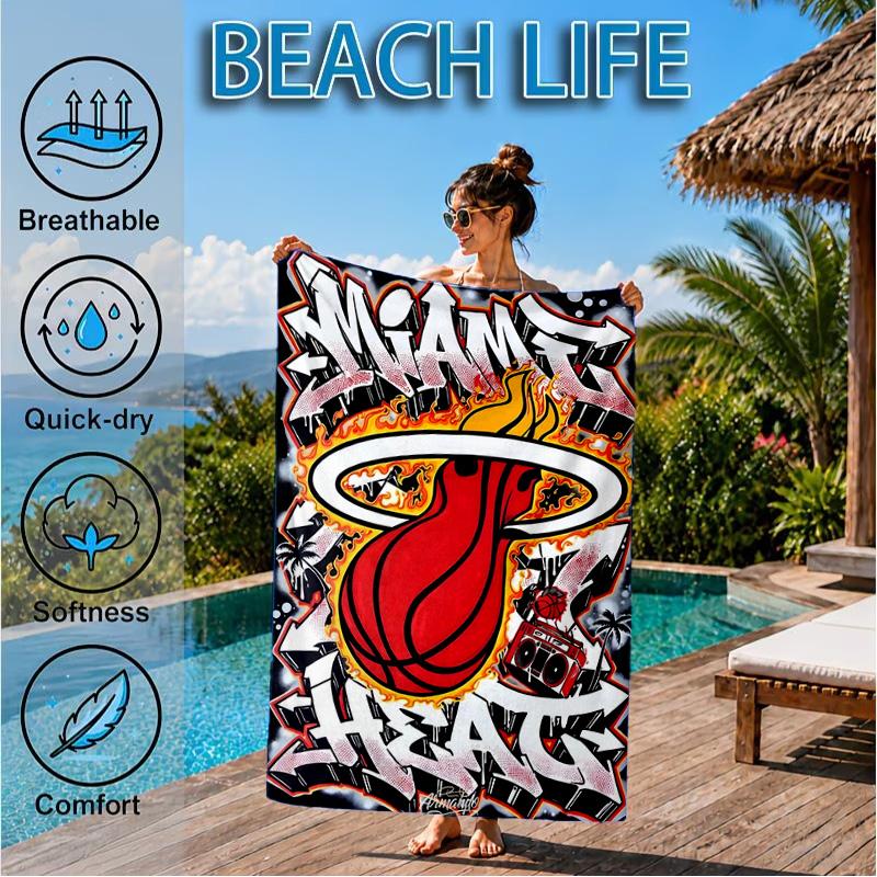 Miami-Heat Basketball Art Beach Towel, Microfiber Beach Towel, Perfect For Pool, Beach, Travel, Home Decor Beach Party Fan gifts