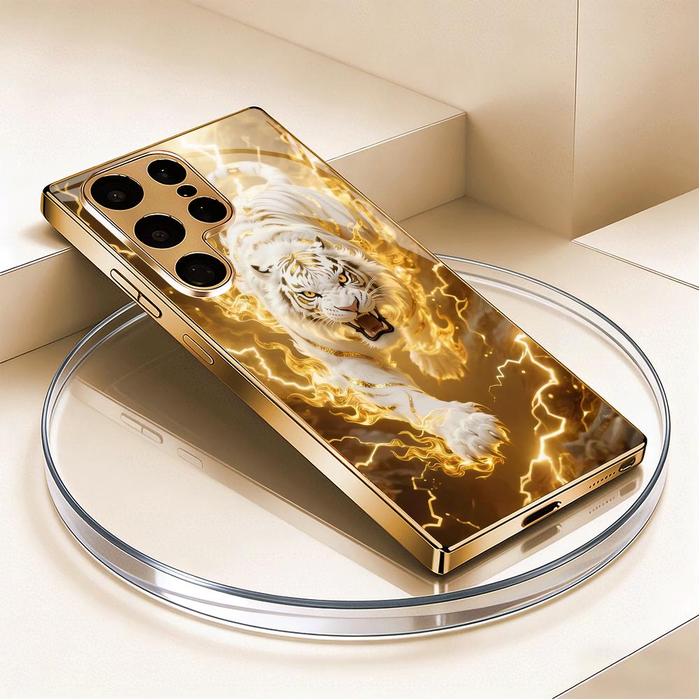Tiger Design Electroplated Glass Phone Case Suitable for Samsung Galaxy S26 S25 S24 S22 S21 S20 FE/Ultra/Plus Scratch resistant
