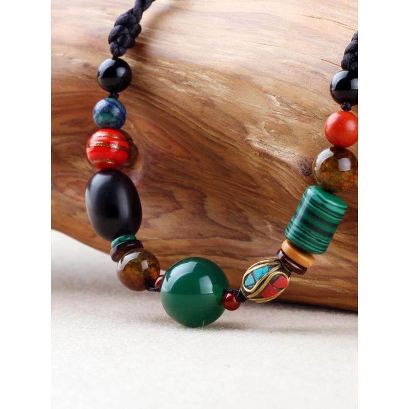 GEMCHIC Women's Vintage Bohemian Green Agate Necklace Ethnic Style Beaded Choker Collarbone Chain Jewelry