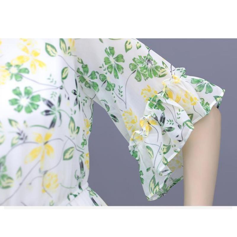 Elegantes florales Chiffonkleid Sommer Slim Taille Stufenrock Frischer Stil Mode