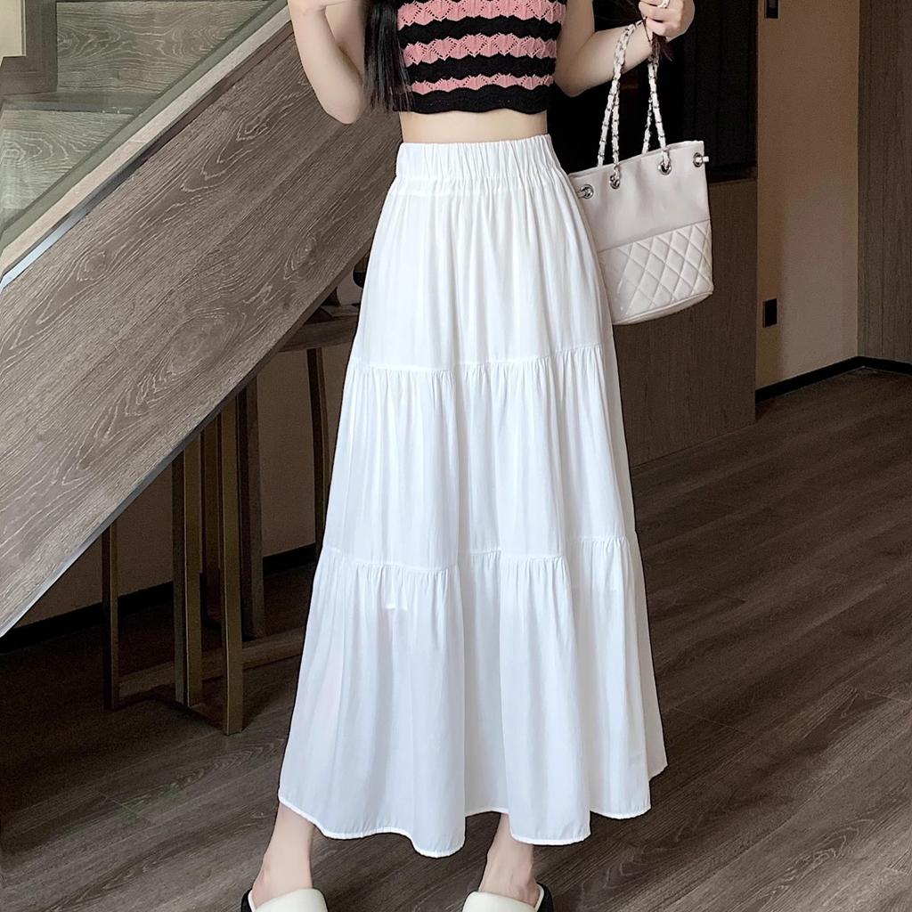 Black High-waisted A-line Mid Skirt Women's Spring Autumn Elegant White Long Pleated Skirts