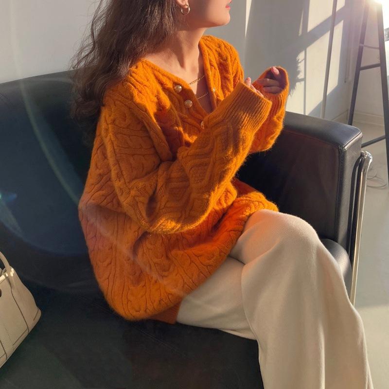 V-neck Twist Sweater Women In The Long Section of The Fall and Winter Loose Lazy Wind Gentle Pullover Knitted Tops