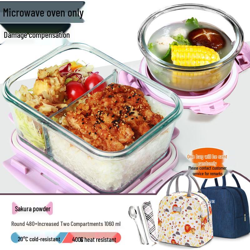 Microwaveable Glass Lunch Box Set Rectangular 1060ml + Round 480ml