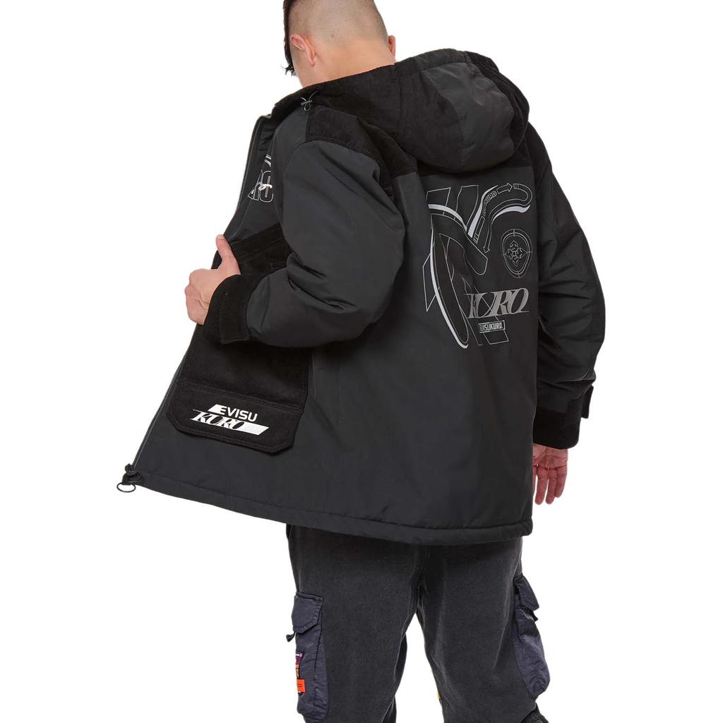 Evisu Aw21 Logo Print Spliced Hooded Zip Cotton Jacket Men jackets Black 2EAGNM1CT767LFPQ
