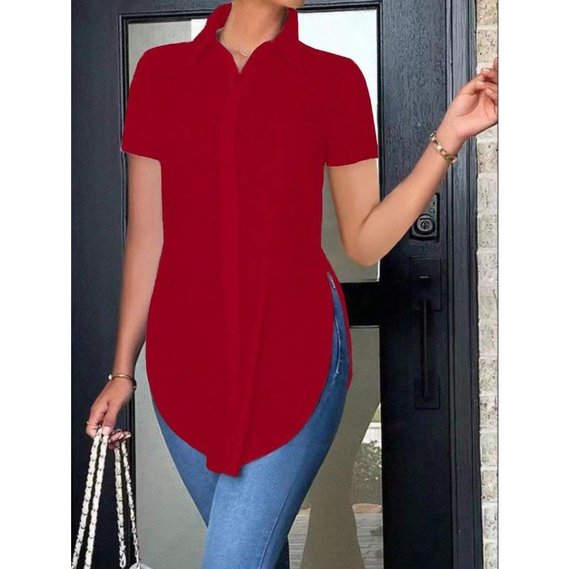 GMXIA Women's Fashion Casual Solid Color Print Short Sleeve POLO Neck Blouses & Shirts