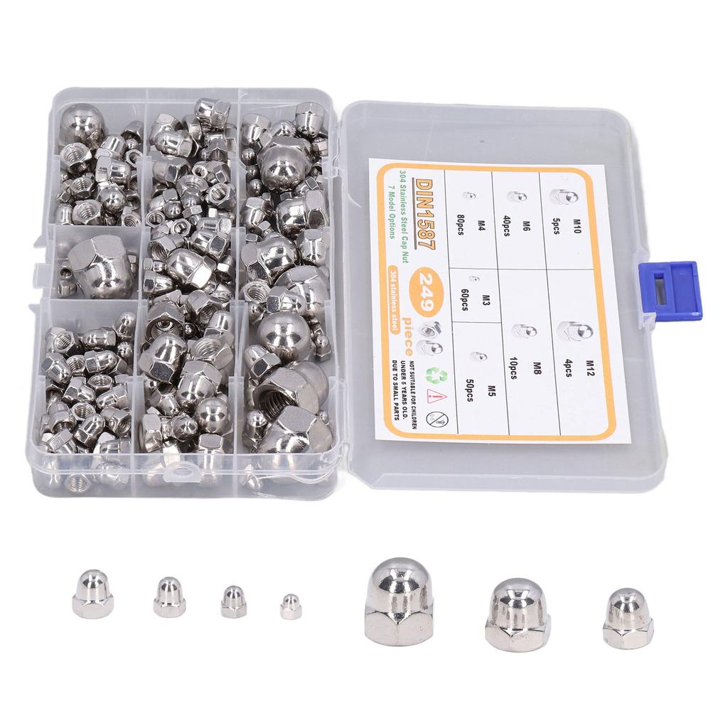 249Pcs Acorn Hex Cap Nuts Assortment Kit M3?M12 DIN1587 304 Stainless Steel Bright Finish