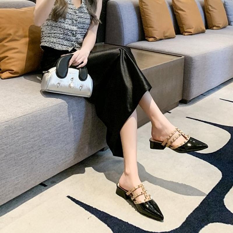 French niche fairy style square heel sandals 2025 summer outerwear new sexy lacquer leather bag head rivet low-heeled slippers