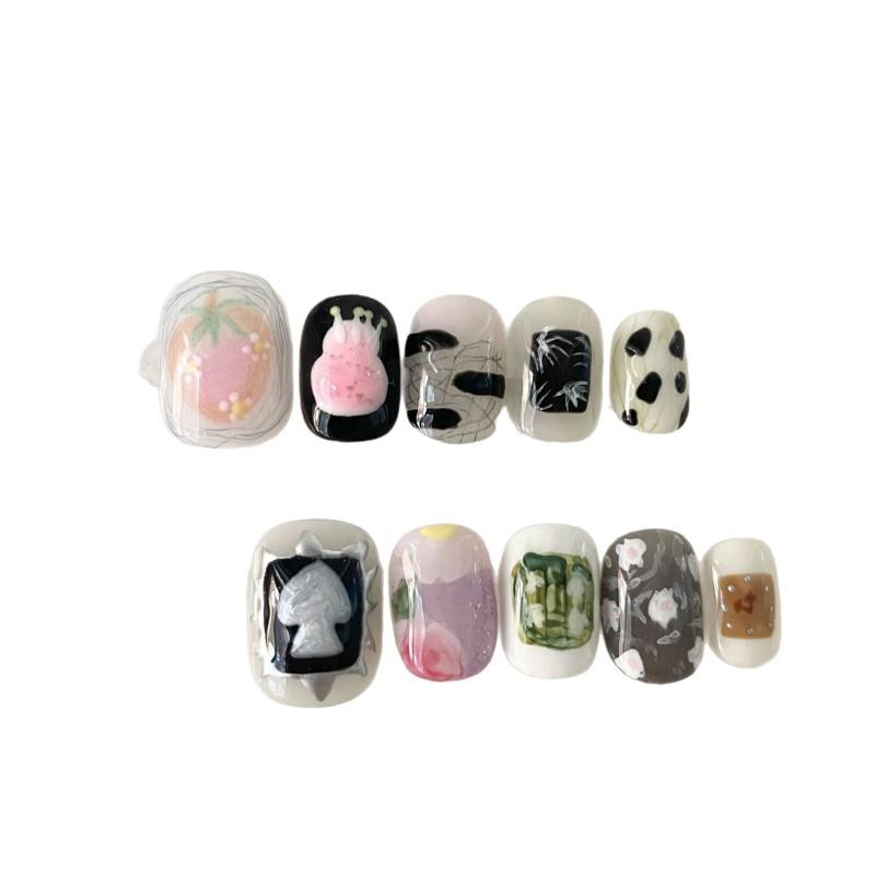 Cute Hand-Painted Press-On Nails Short Square Cat Eye Design Sweet Ins Style Nail Art Women