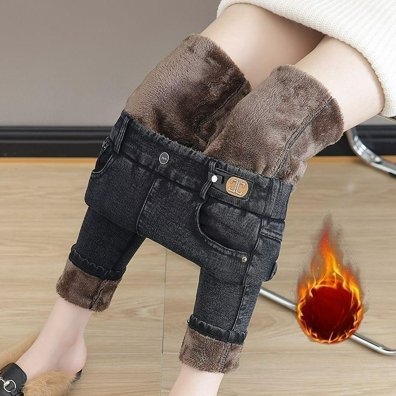 Lamb Fleece Feet Pants Women's Autumn and Winter High-waist Stretch Tight-fitting Thin Black Bottoming Warm Denim Warm Cotton Pants Women