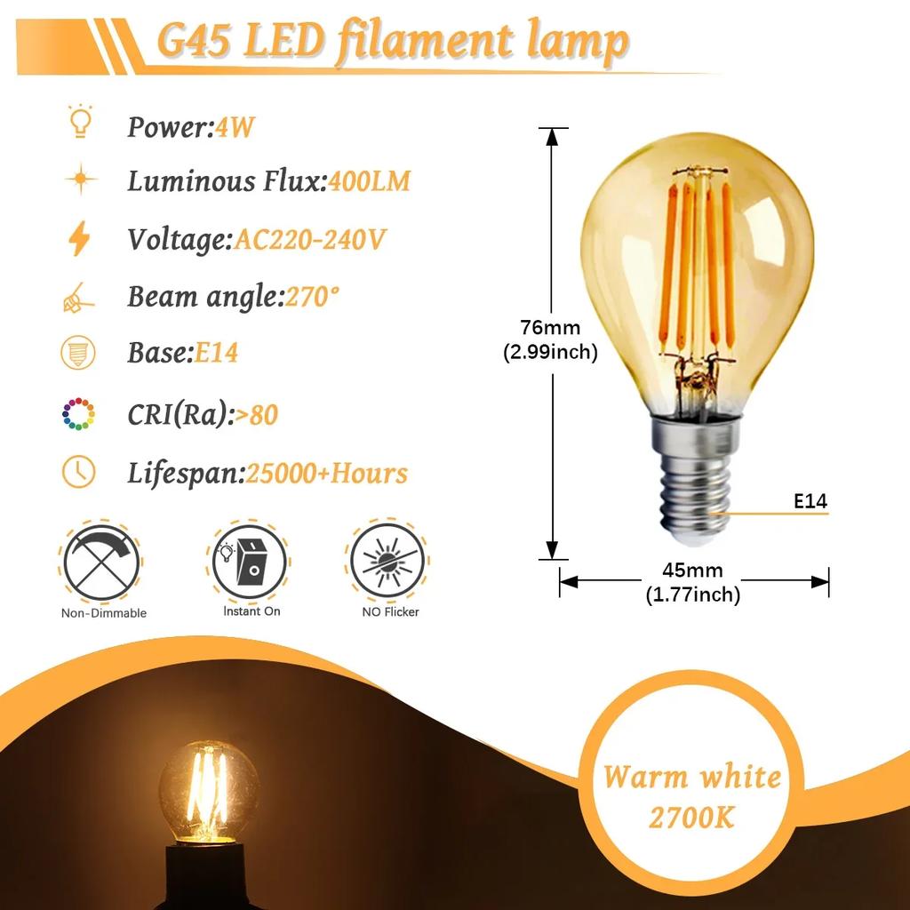 6PCS LED Filament Light Bulb Retro Edison E27 E14 B22 4000K 2700K 220V A60 G45 C37 Vintage Ampoule Incandescent Bulb Edison Lamp