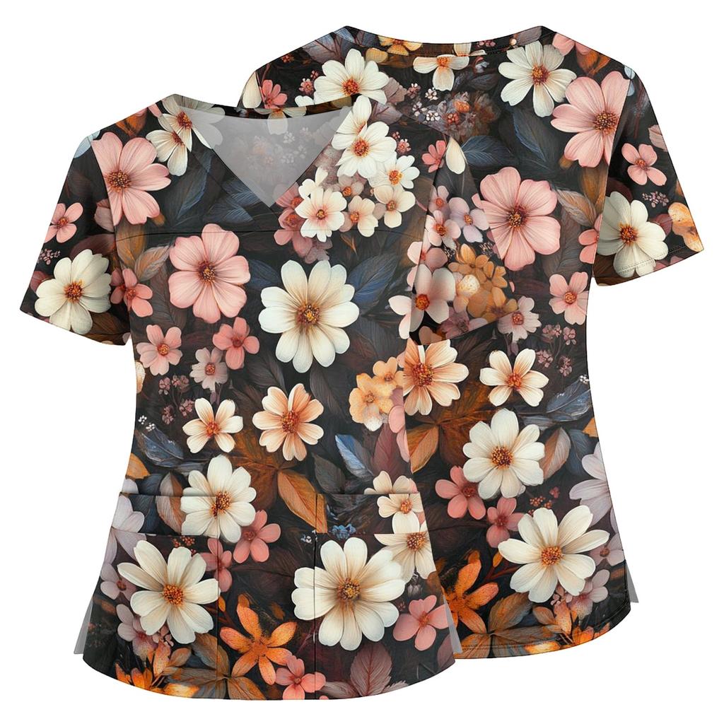 Top Medico a V con Stampa Floreale, Tasche, Spacchi Laterali, Manica Corta, Uniforme da Infermiera per Donna