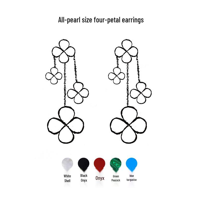 Four-Leaf Clover Shell & Black Agate Stud Earrings - Exquisite Large & Small Dangle Design