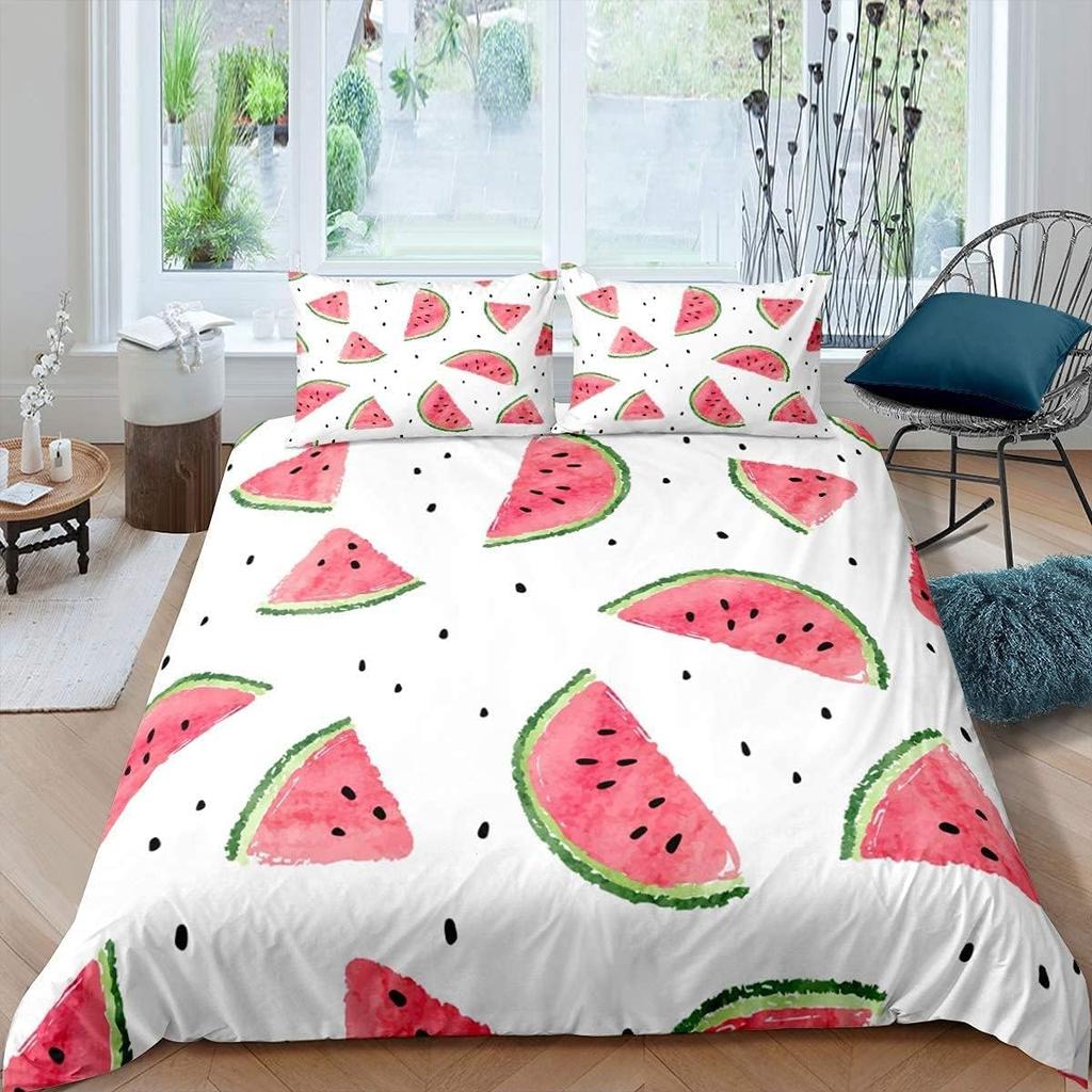 3D Watermelon Duvet Cover Set Kids Boys Girls,Delicious Fruit Print Bedding Set Watermelon Seeds Cool Summer Comforter Cover Set