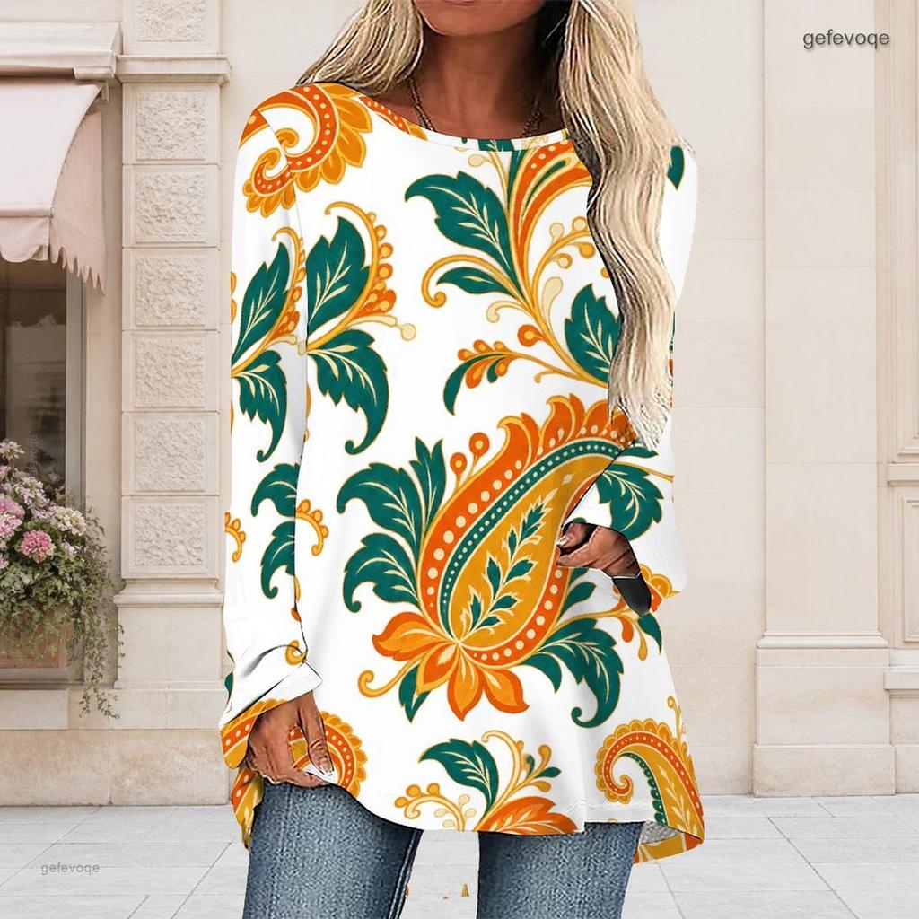 Women Plus Size Round Neck Long Sleeve Paisley Floral Printed Loose High Low Hem T Shirt