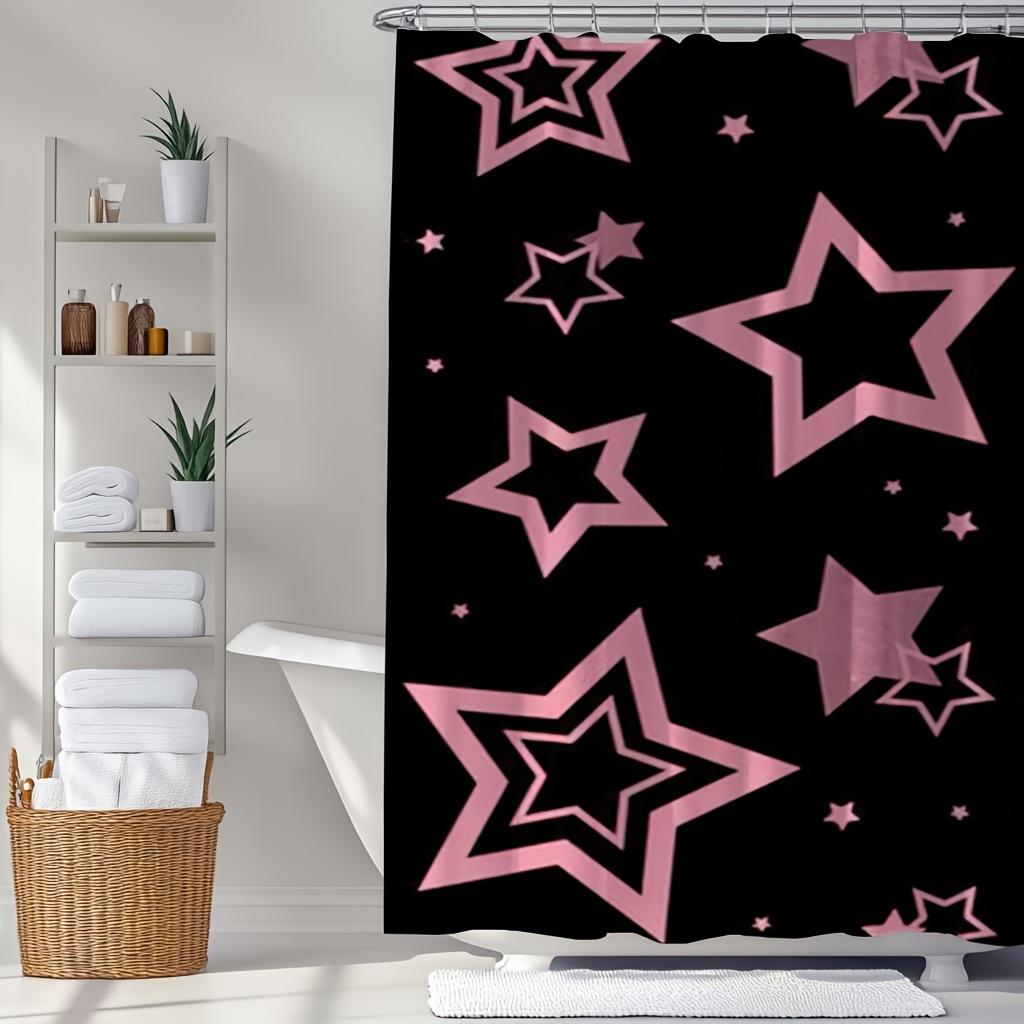 

1pc Pink Star Print Shower Curtain Set - Washable Polyester with Hooks, Chic Black Background, Artistic Star Pattern for Moder 90x180cm