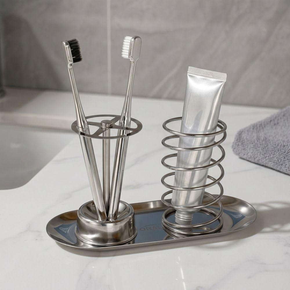 1Pcs Stainless Steel Toothbrush Toothpaste Holder Wall Mounted Bathroom Storage Rack Organizer Cup No Drill for Countertop Home